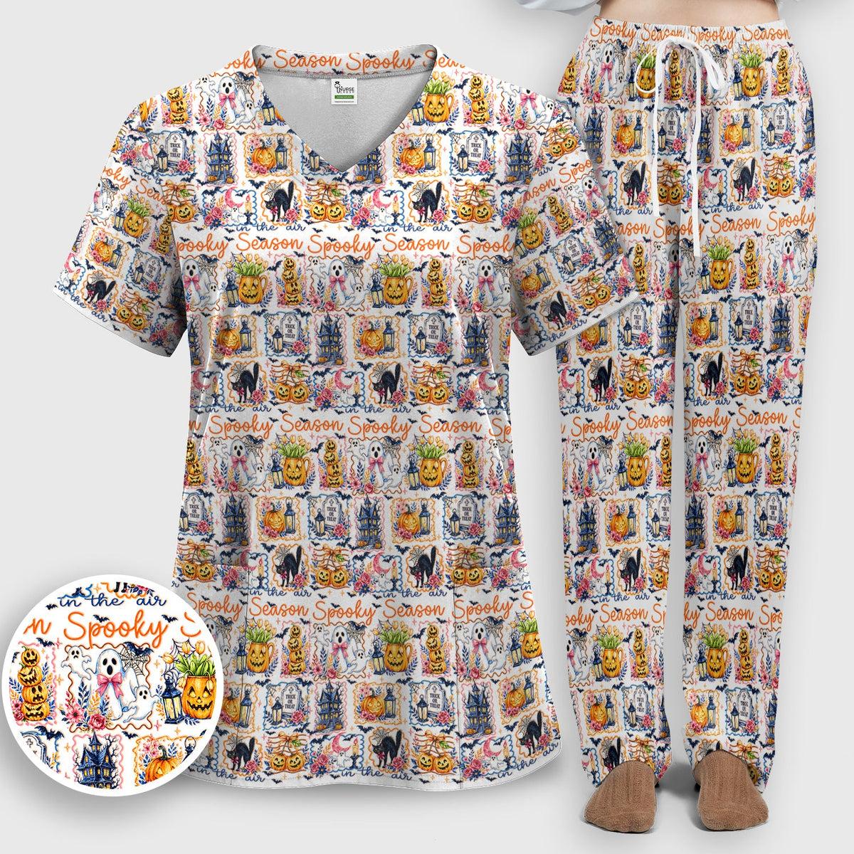 Spooky Pumpkin Ghost Pattern Nurse Scrub Set