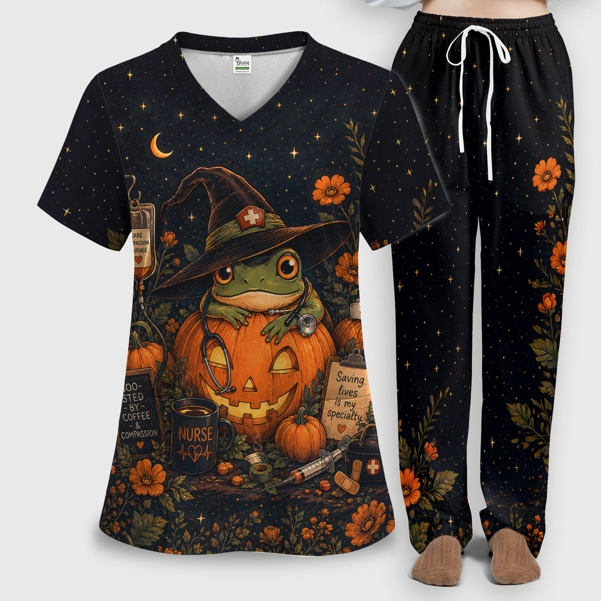 Witch Frog Pumpkin Nurse Scrub Set - Halloween Gift
