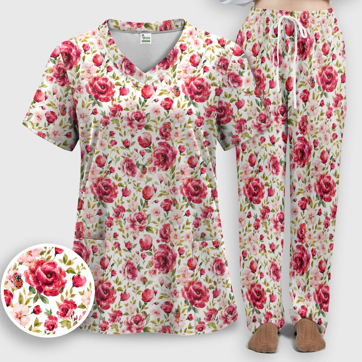 Pink Rose Ladybug Garden Nurse Scrub Set