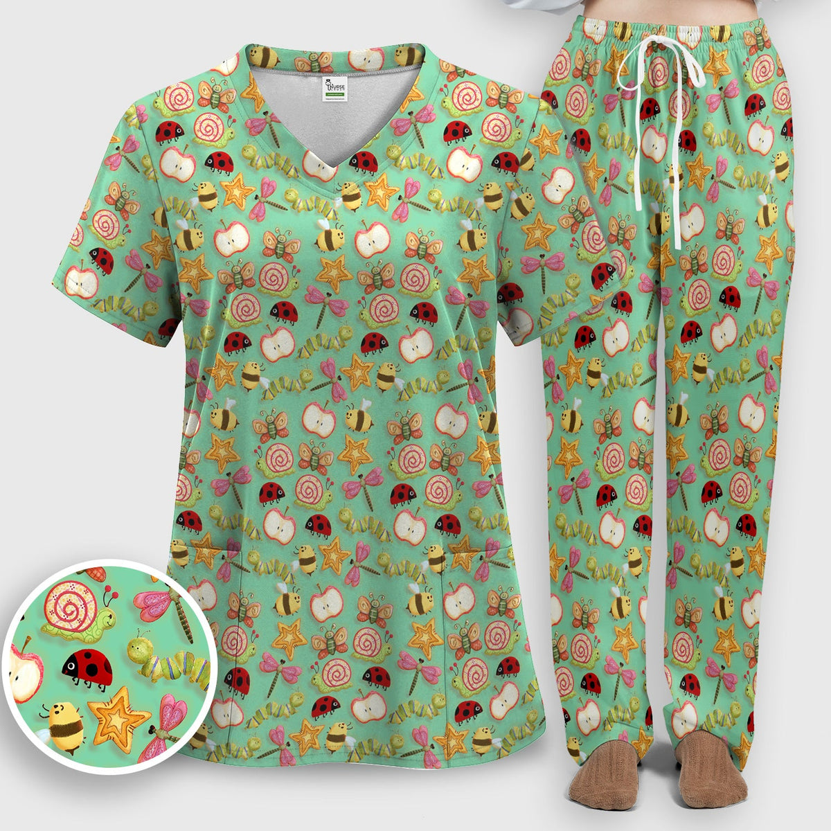 Snail Ladybug Caterpillar Apple Garden Nurse Scrub Set