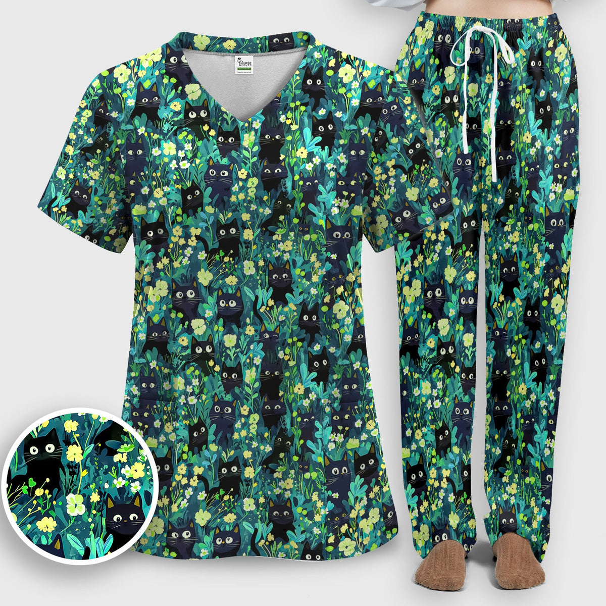 Black Cat Floral Nurse Scrub Set