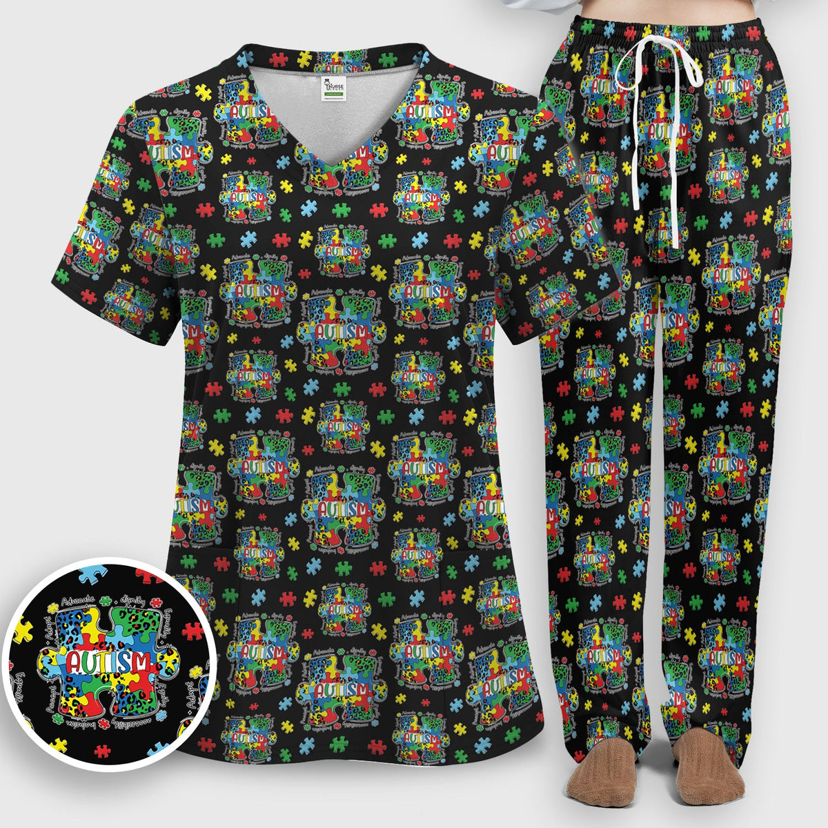 Autism Awareness Puzzle Black White Nurse Scrub Set