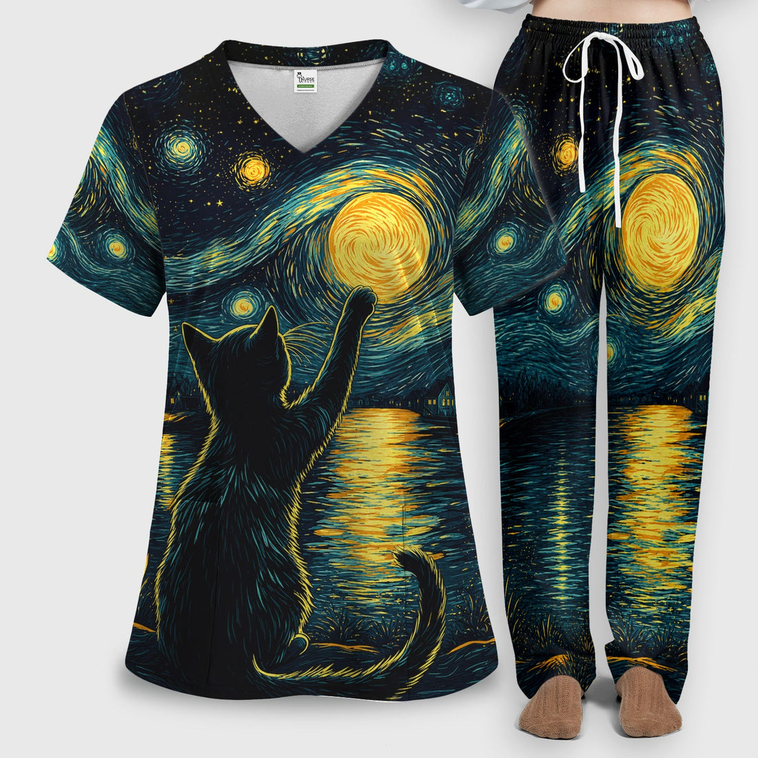 Starry Moonlit Black Cat Nurse Scrub Set