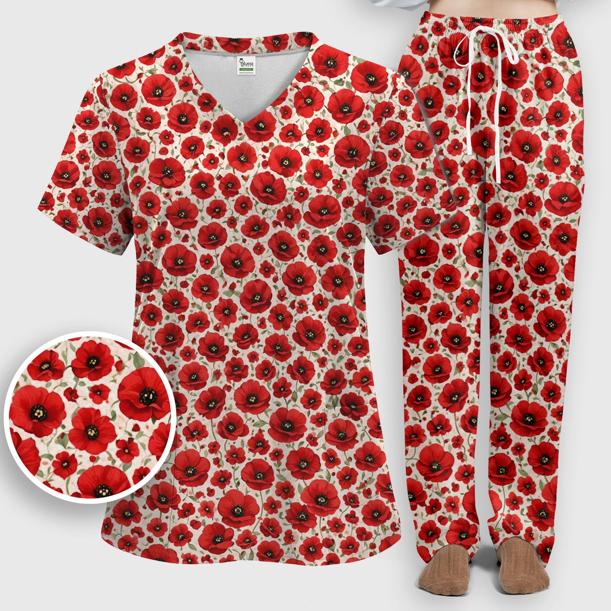 Red Poppy Flower Garden Nurse Scrub Set