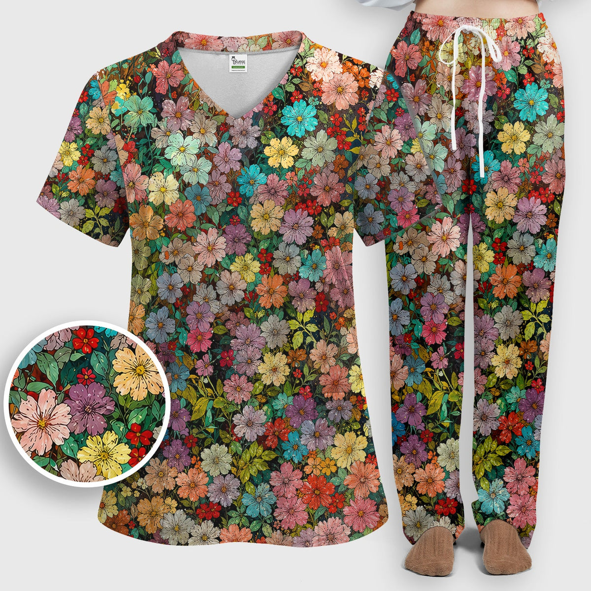 Colorful Wildflower Garden Bloom Pattern Nurse Scrub Set