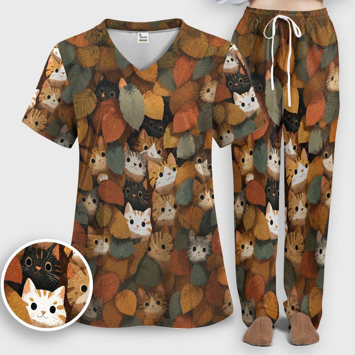 Cute Autumn Cat Leaf Pile Nurse Scrub Set