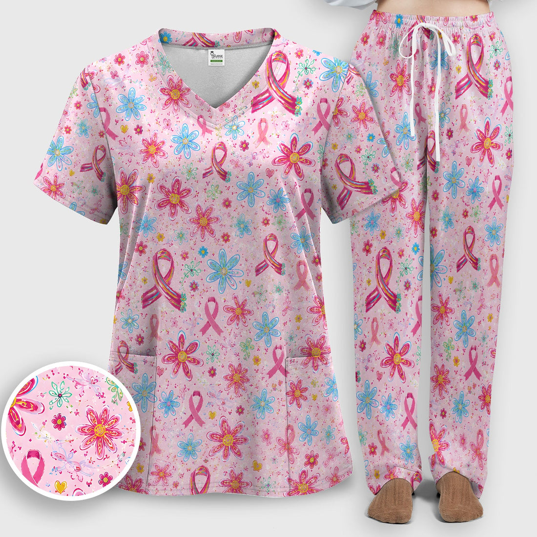 Floral Breast Cancer Awareness Nurse Scrub Set