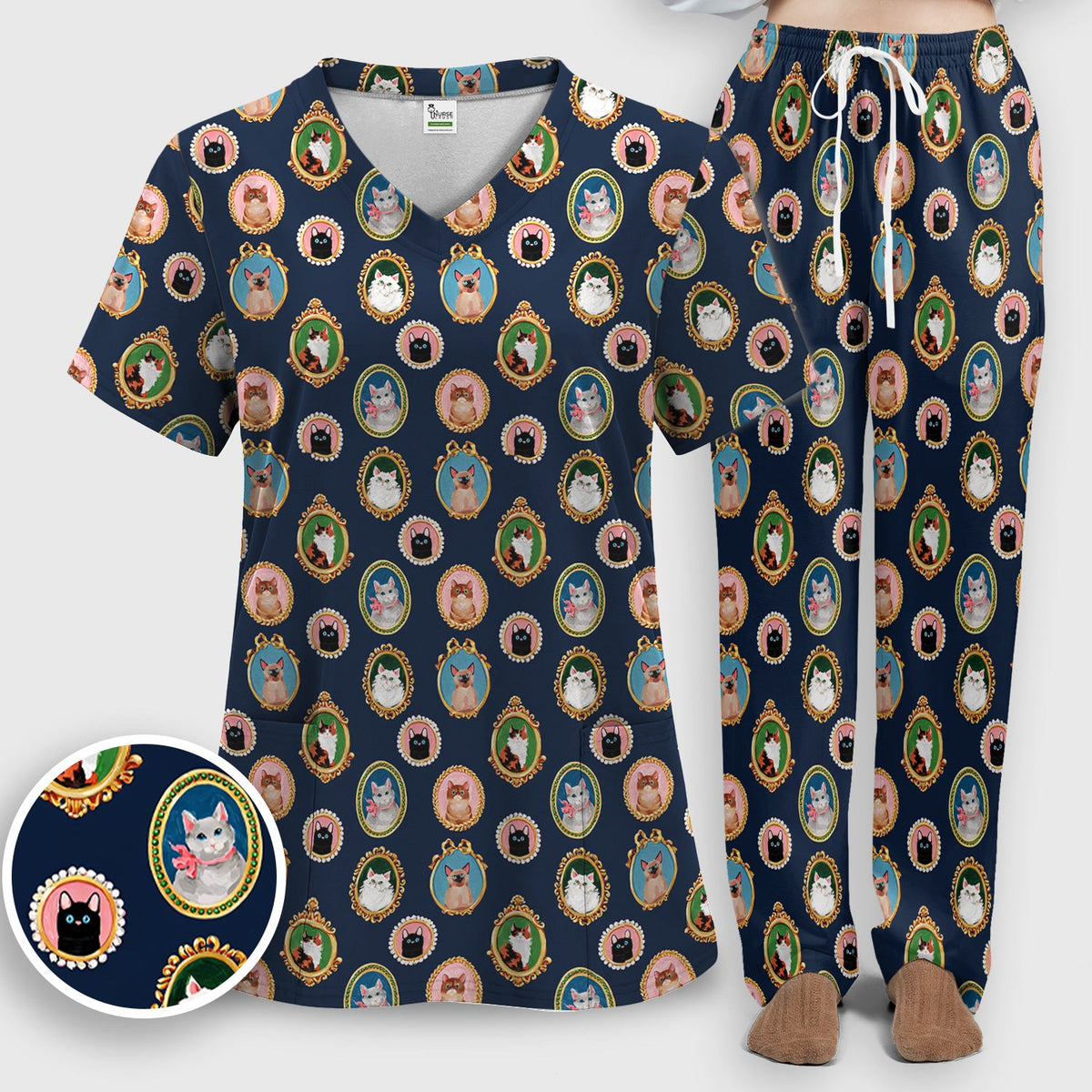Vintage Cat Portrait Nurse Scrub Set
