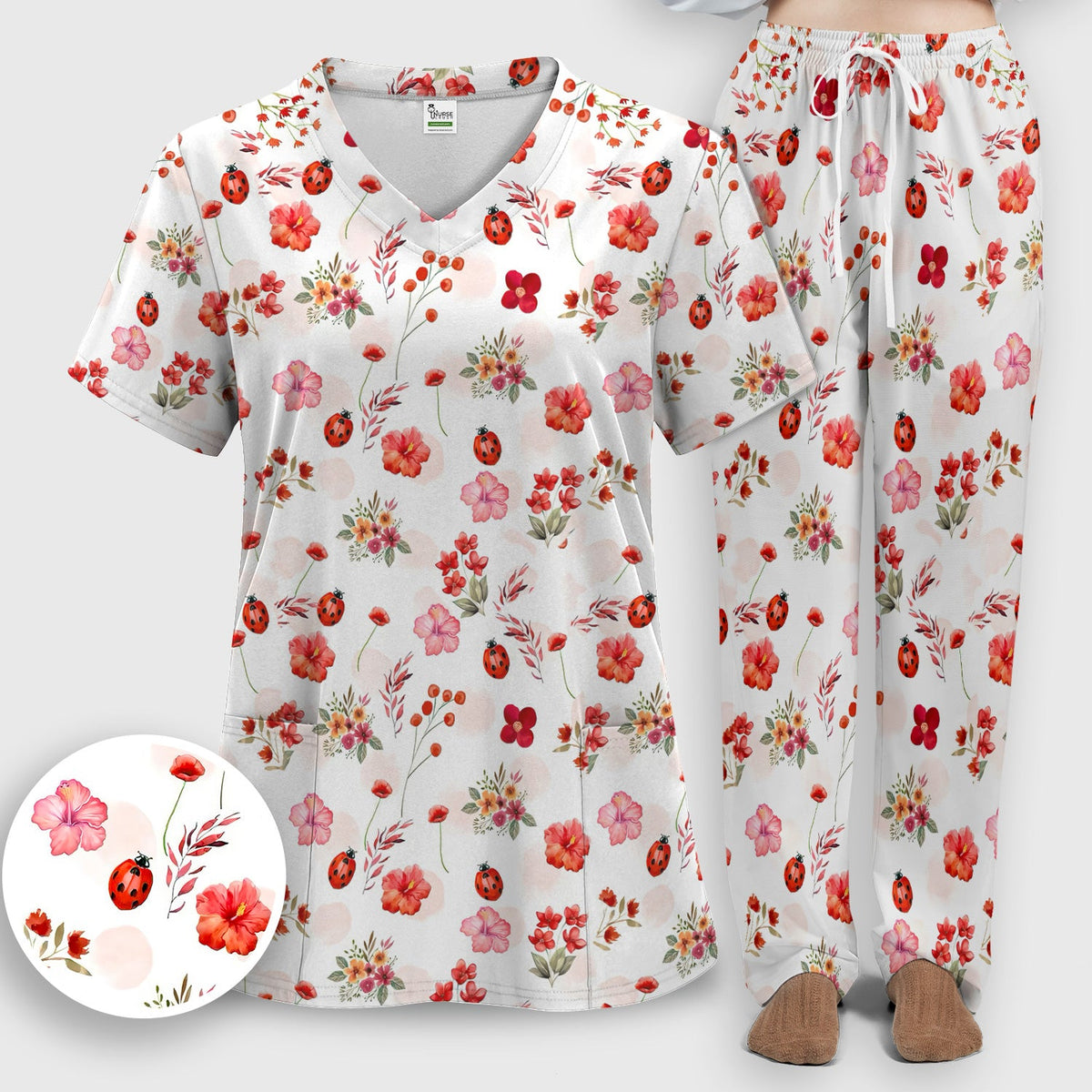 Red Ladybug Floral Garden Nurse Scrub Set