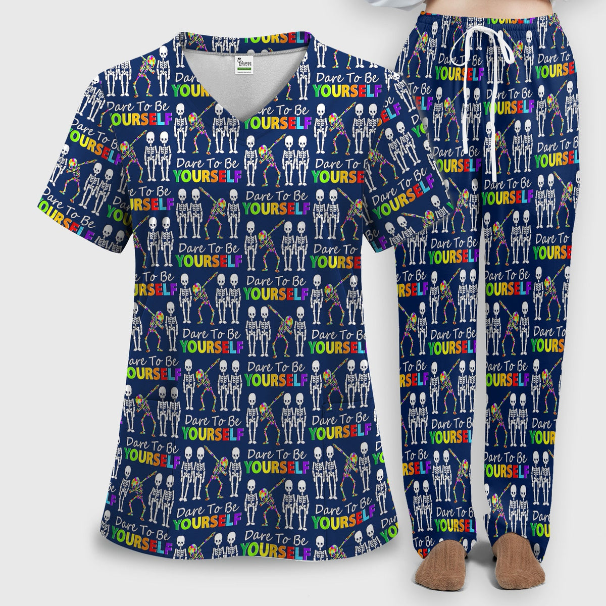 Rainbow Skeleton Dare To Be Yourself Nurse Scrub Set