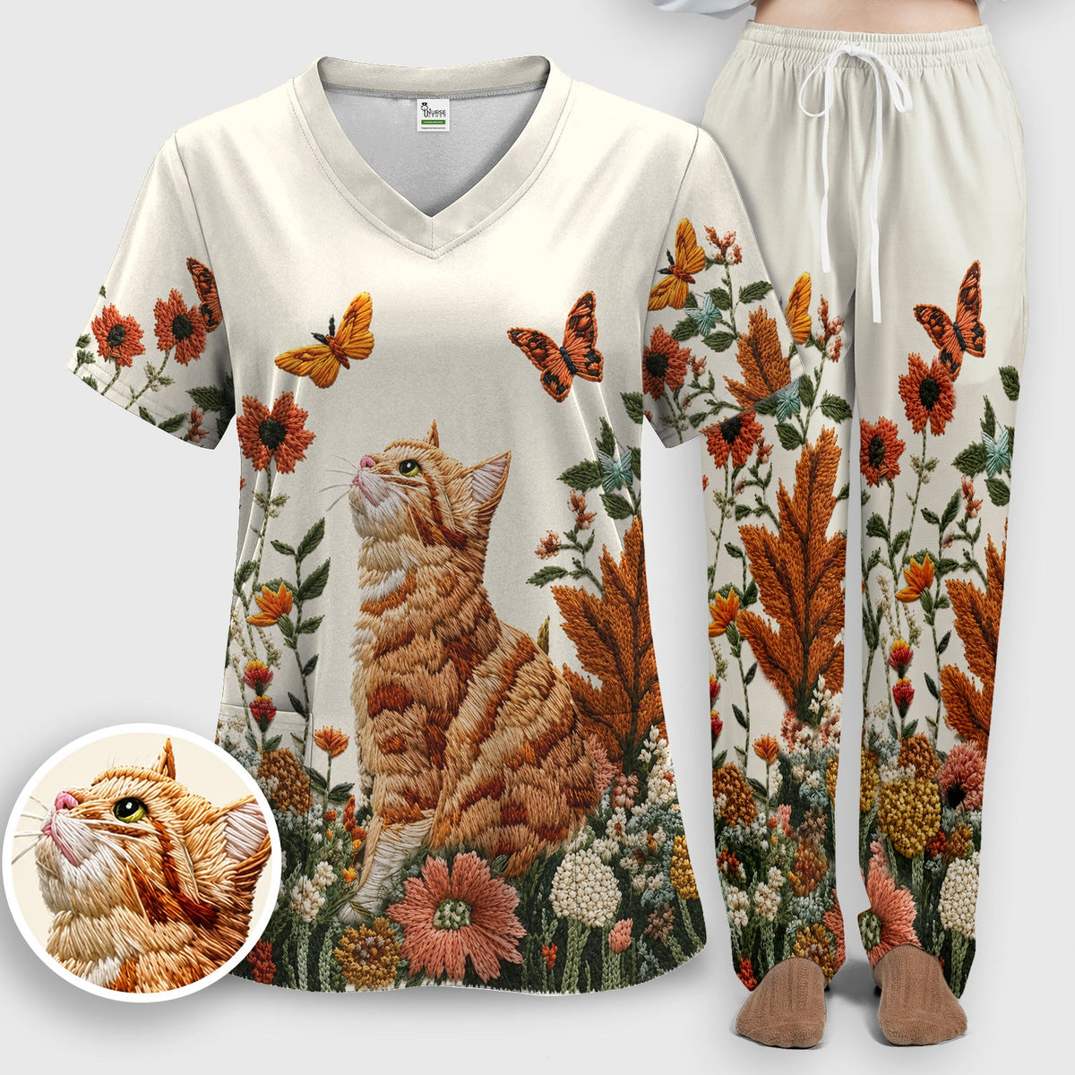 Orange Cat Wildflower Nurse Scrub Set