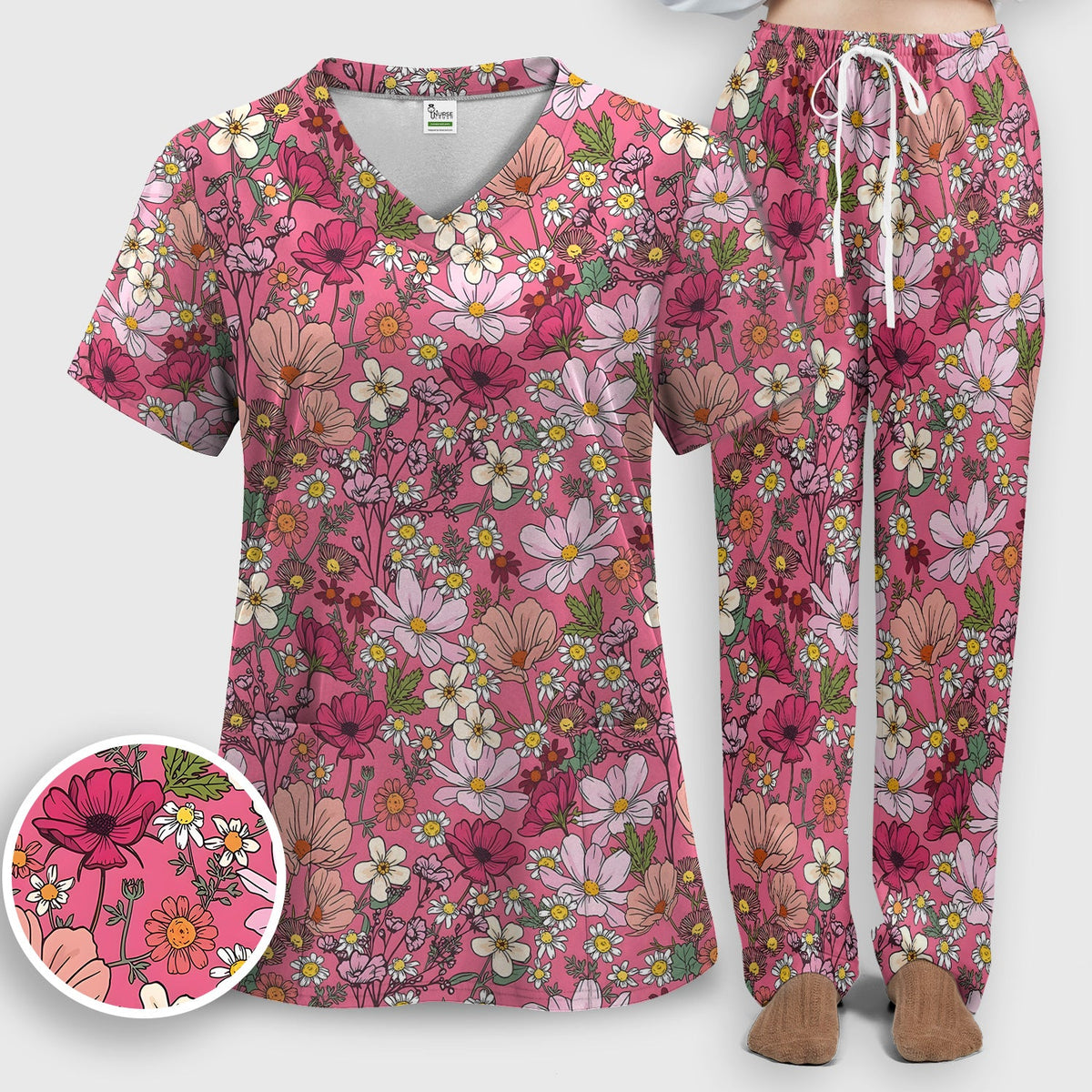 Pink Daisy Wildflower Nurse Scrub Set