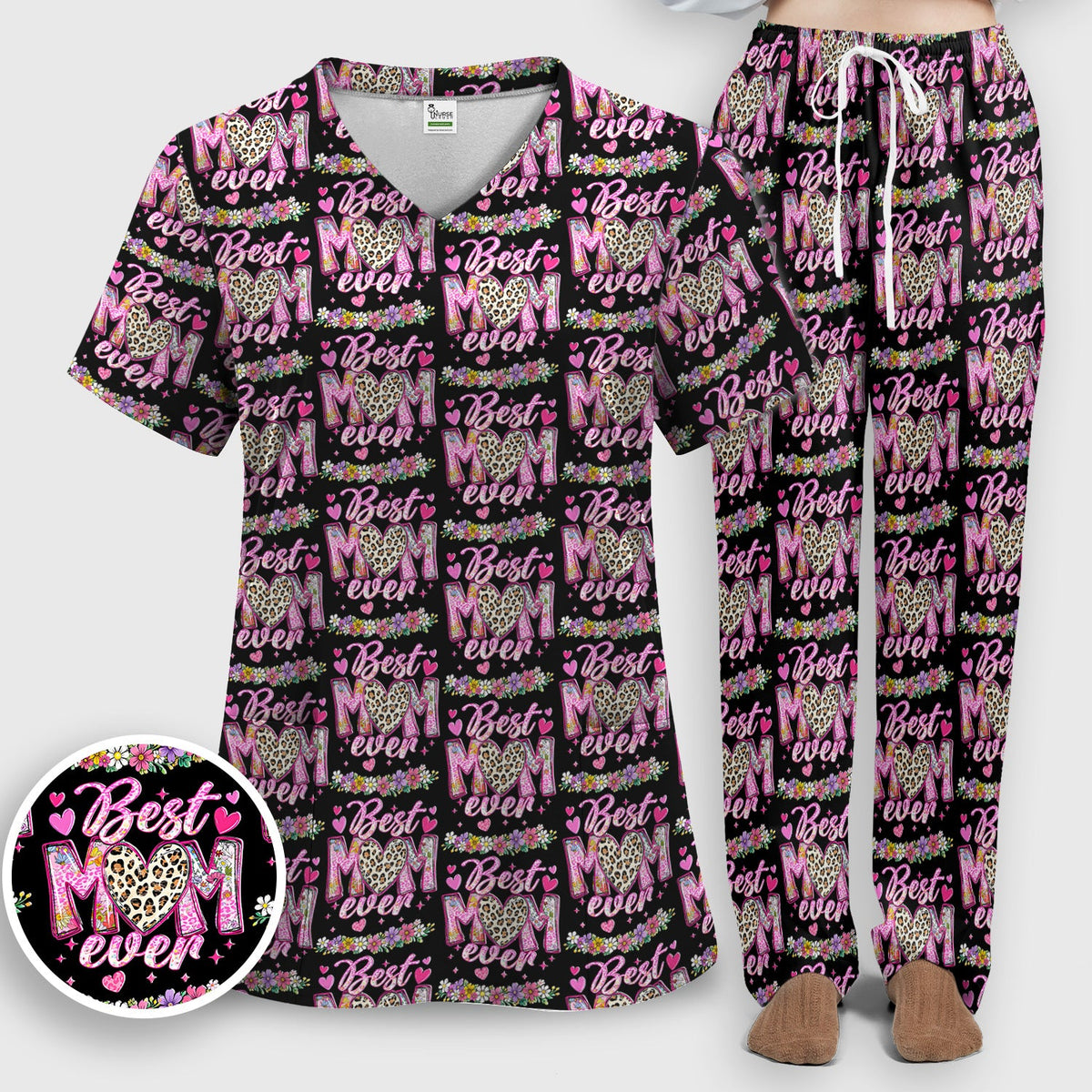 Best Mom Ever Leopard Heart Nurse Scrub Set