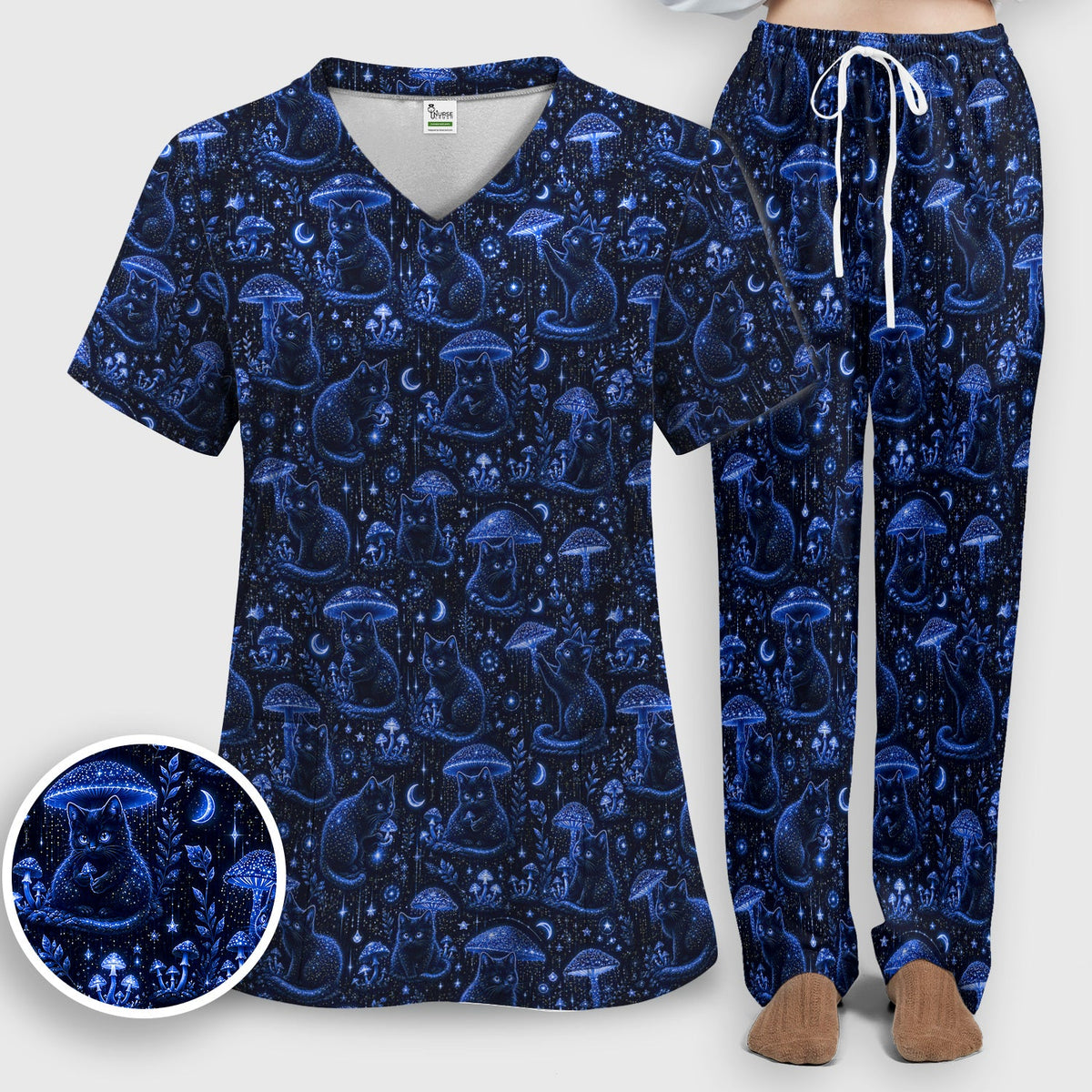 Celestial Black Cat Mushroom Nurse Scrub Set
