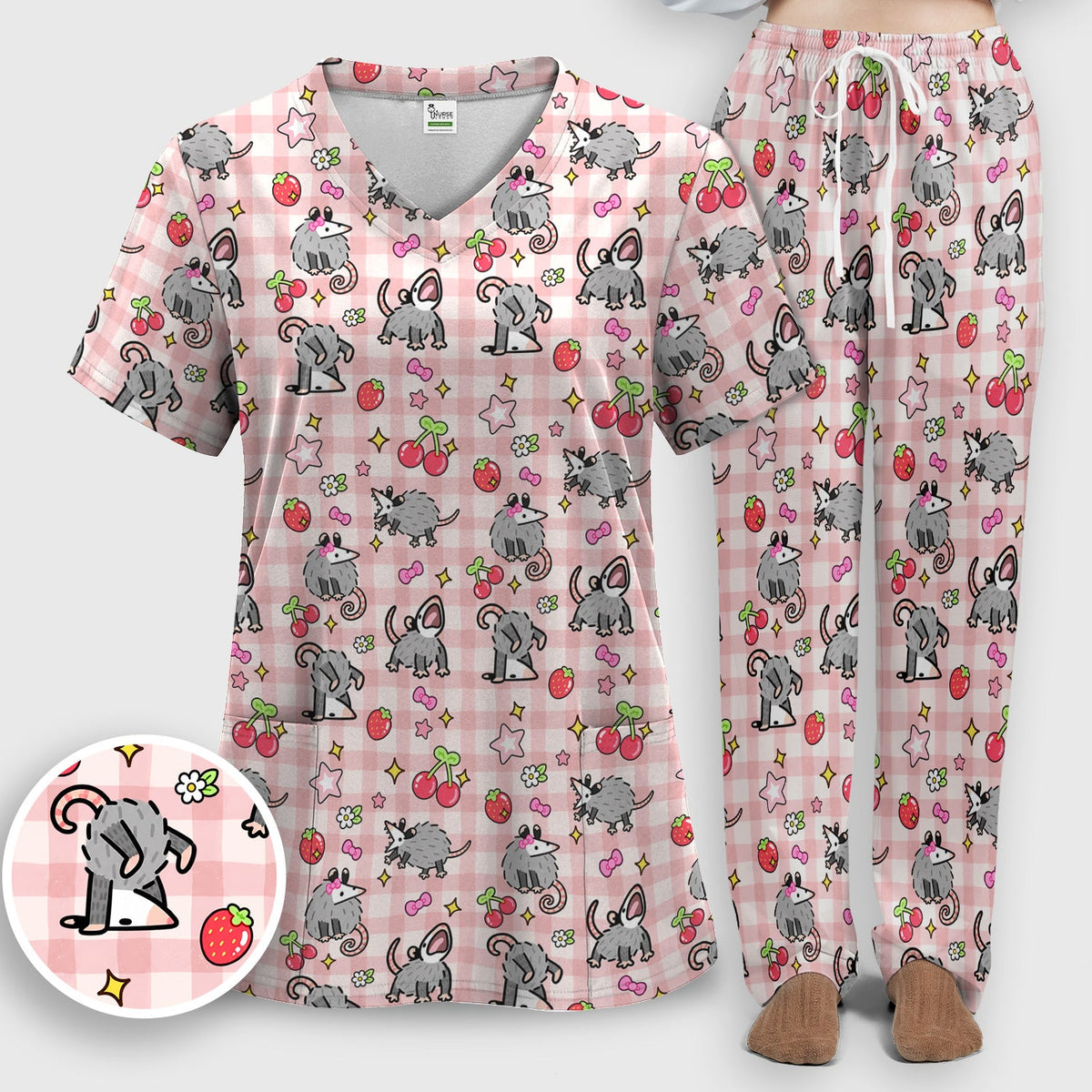Opossum And Cherries Gingham Nurse Scrub Set