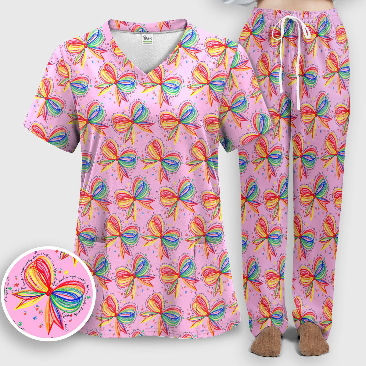 Colorful Rainbow Bow Nurse Scrub Set