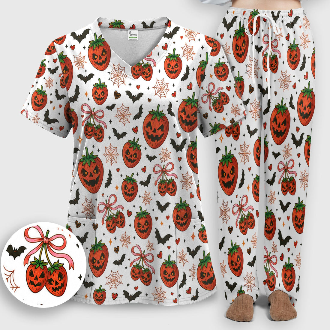 Sweet Halloween Strawberry Jack O Lanterns Nurse Scrub Set