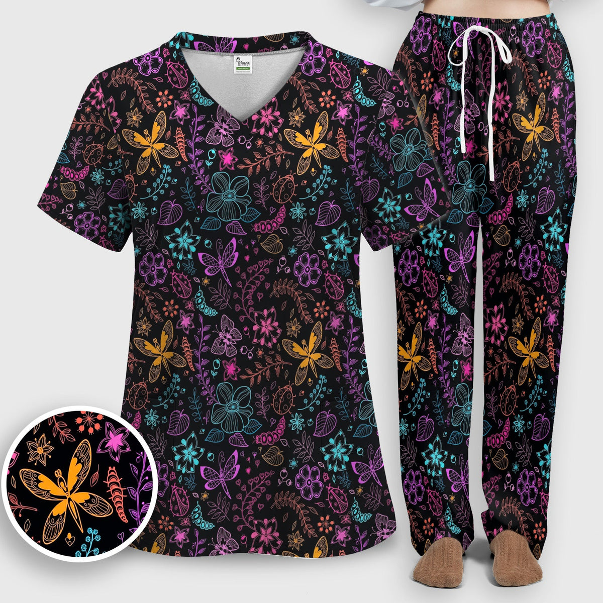 Neon Butterfly Floral Garden Nurse Scrub Set