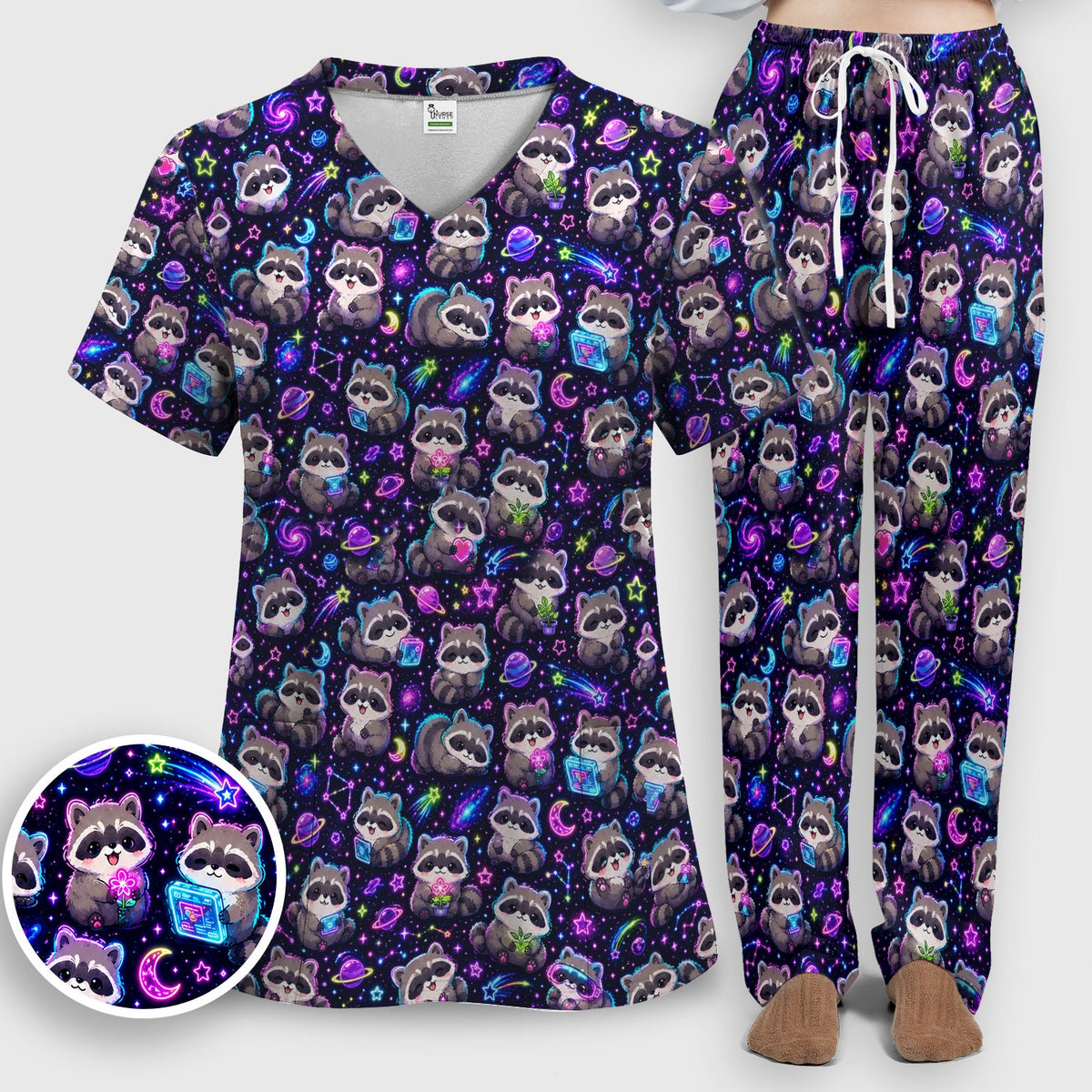 Neon Galaxy Raccoon Space Nurse Scrub Set