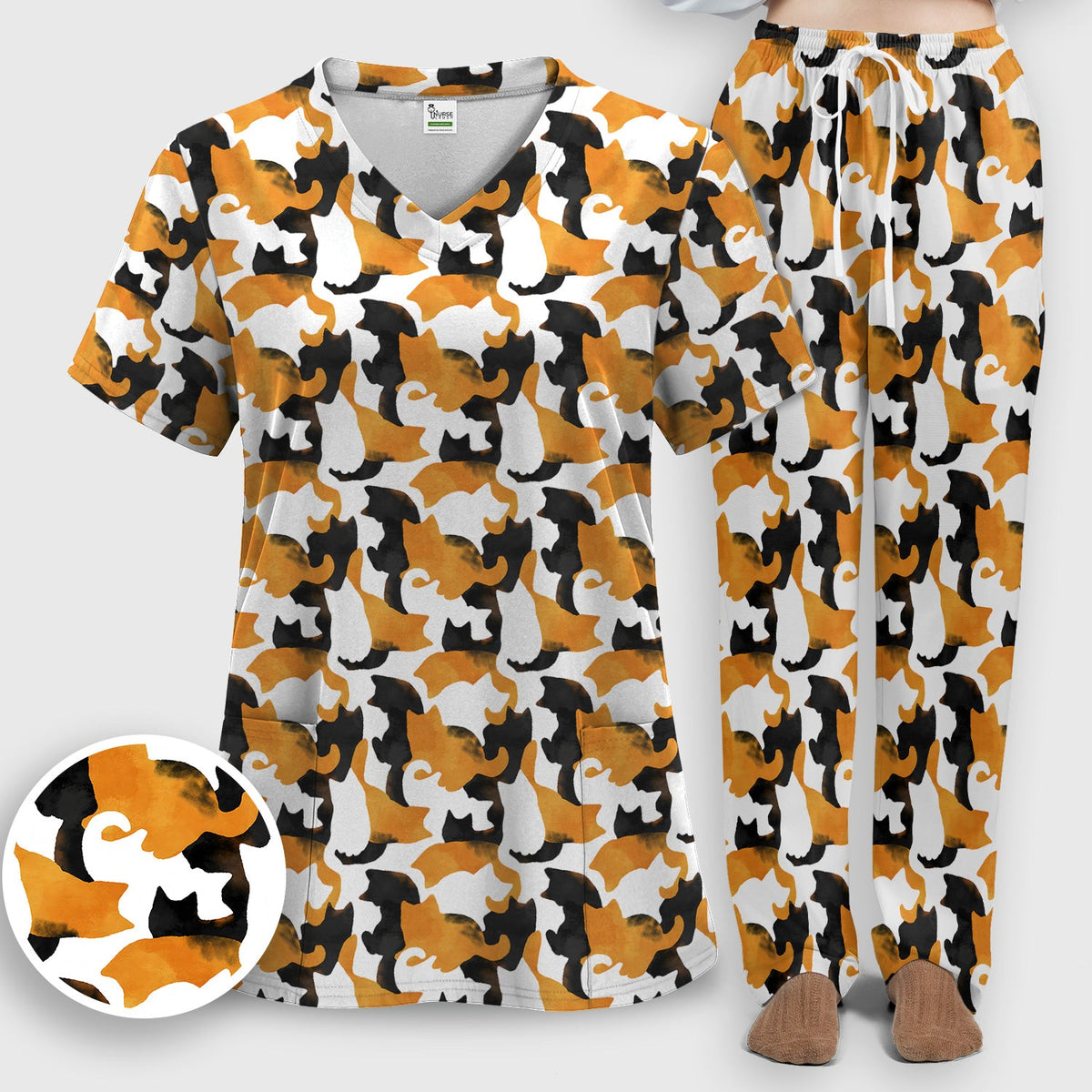 Calico Cat Silhouette Nurse Scrub Set
