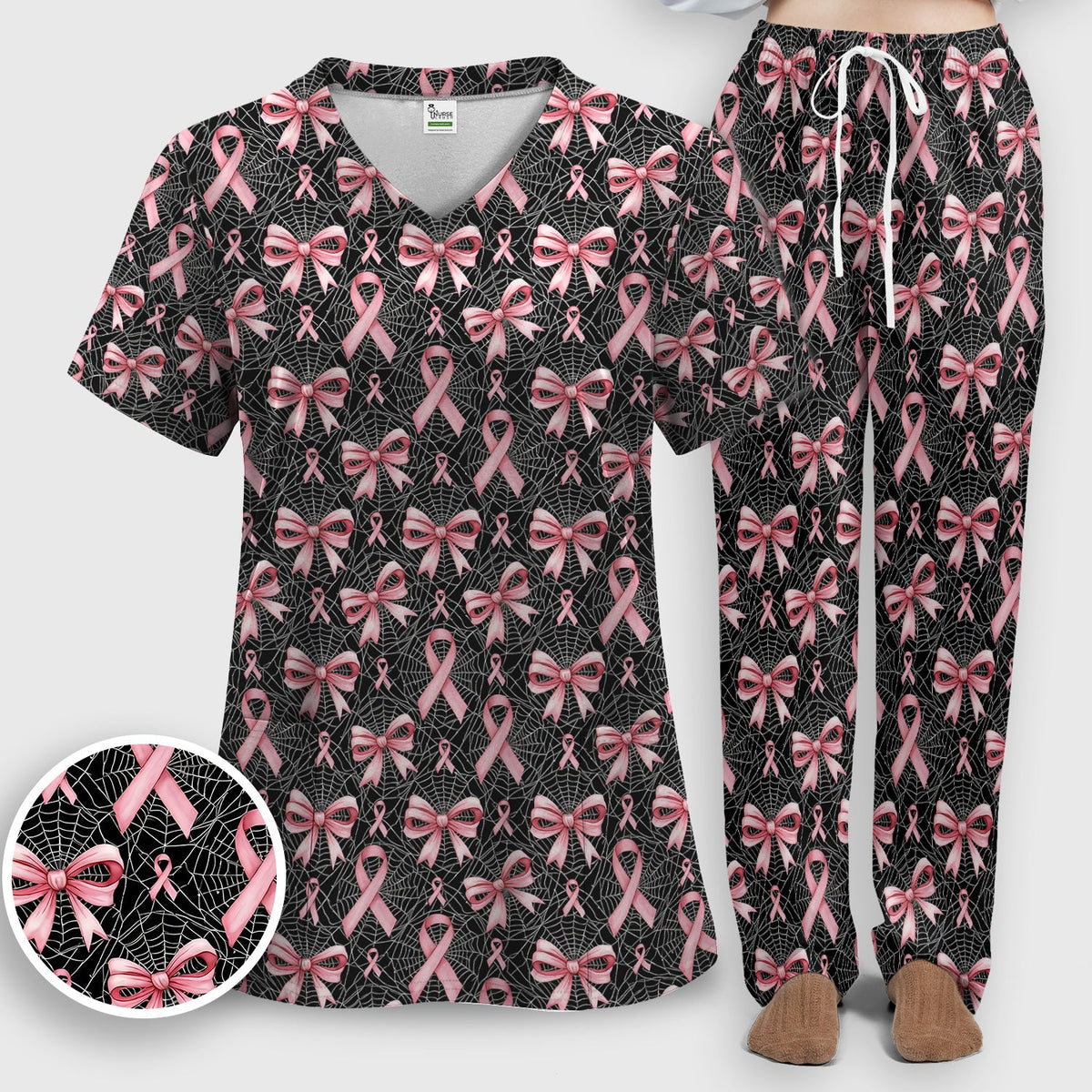 Pink Ribbon Pattern Nurse Scrub Set