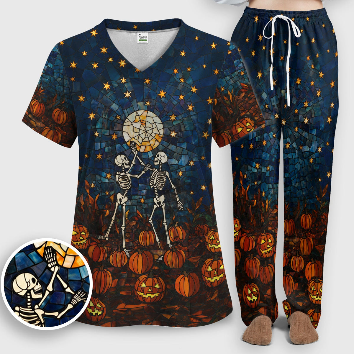 Skeleton Pumpkin Patch Nurse Scrub Set - Halloween Gift
