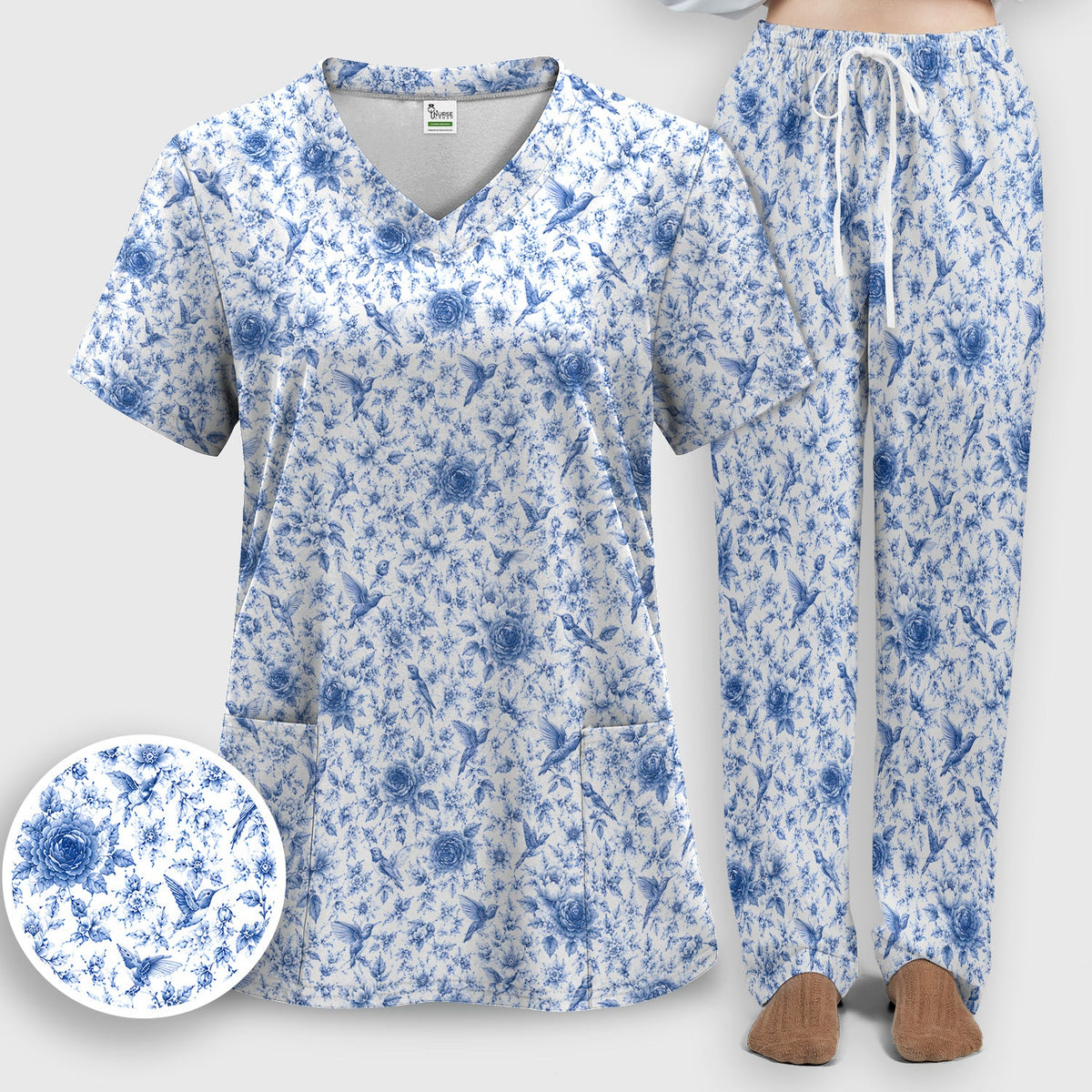 Blue Floral Hummingbird Toile Nurse Scrub Set