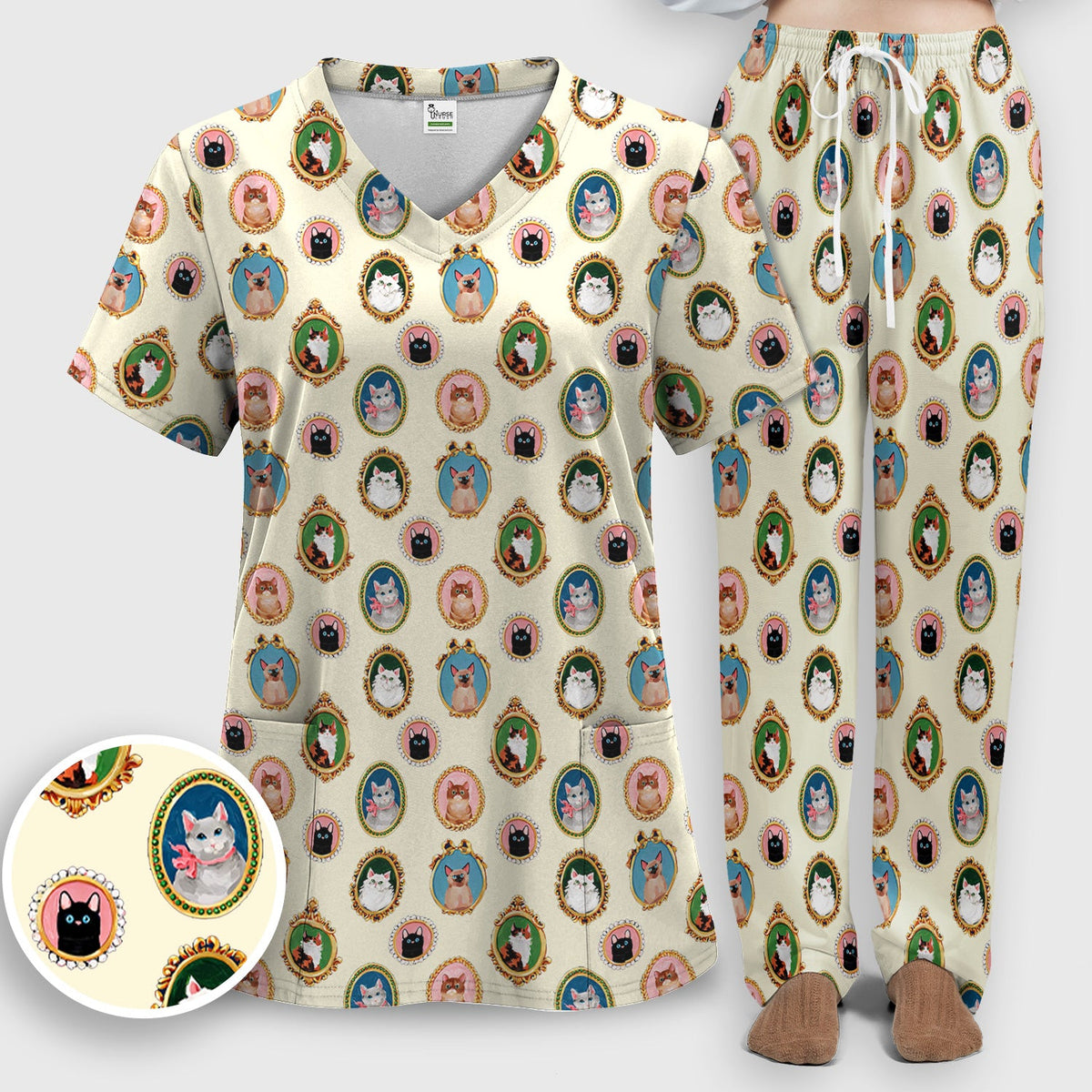 Vintage Cat Portrait Nurse Scrub Set