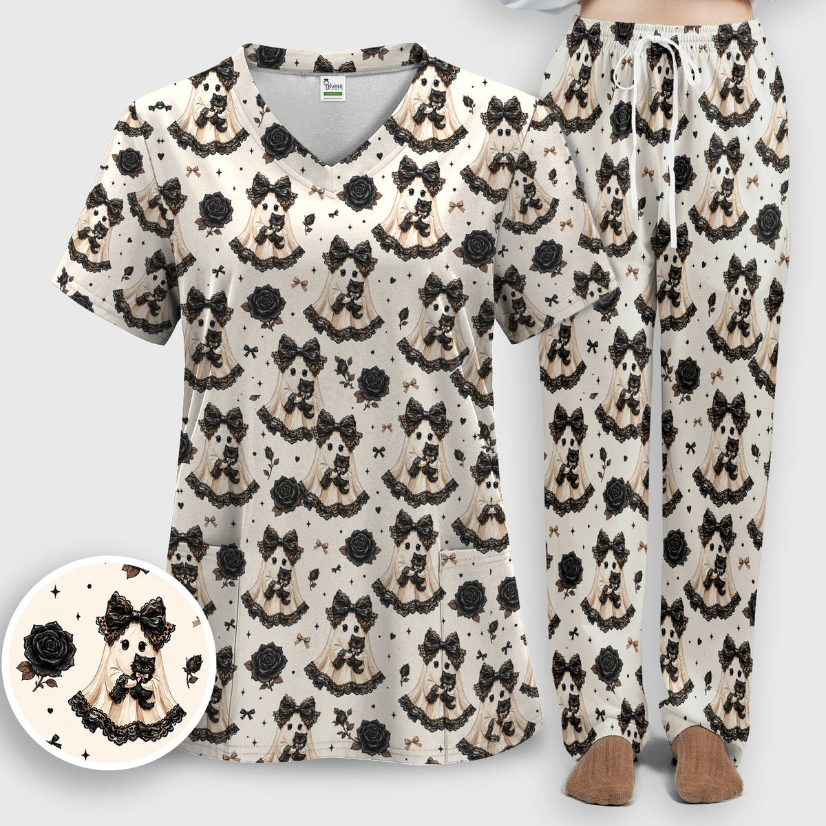 Ghost Black Cat Nurse Scrub Set - Halloween Gift