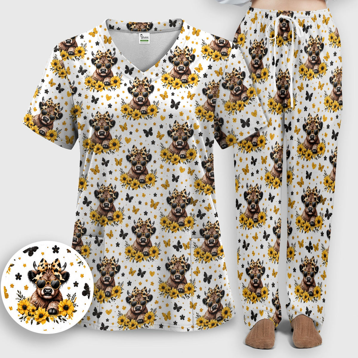 Sassy Highland Cow Sunflower Nurse Scrub Set