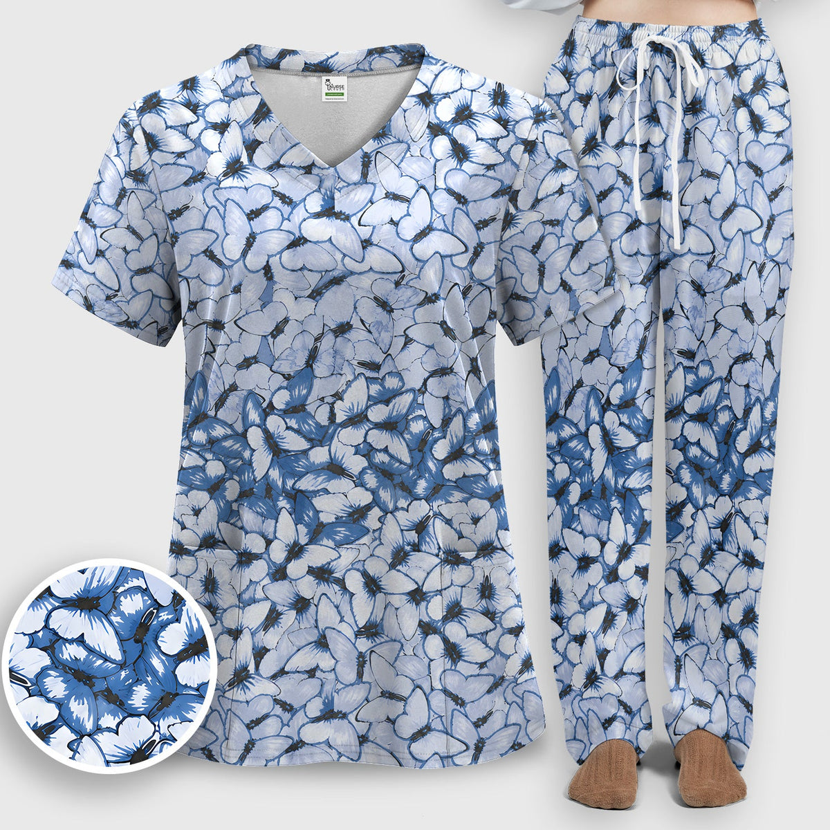 Blue Butterfly Floral Nurse Scrub Set