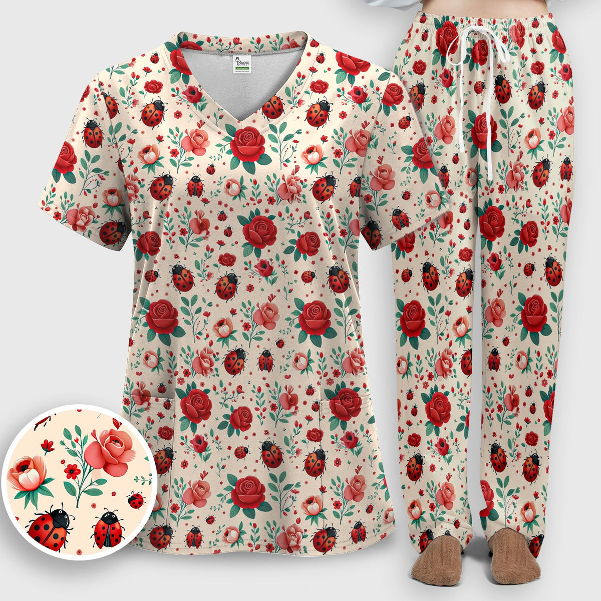 Ladybug Red Rose Floral Nurse Scrub Set