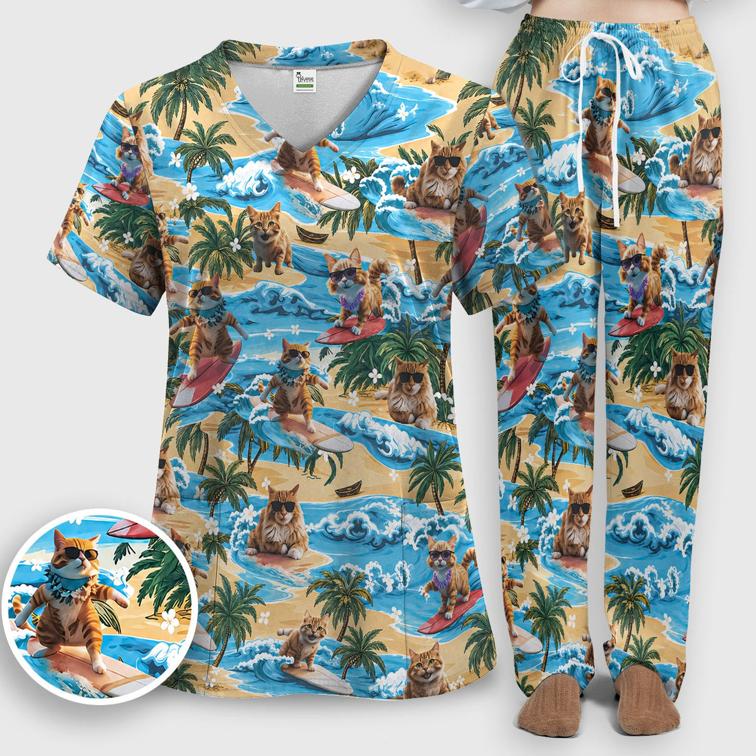 Tropical Surfing Cat Beach Wave Island Nurse Scrub Set