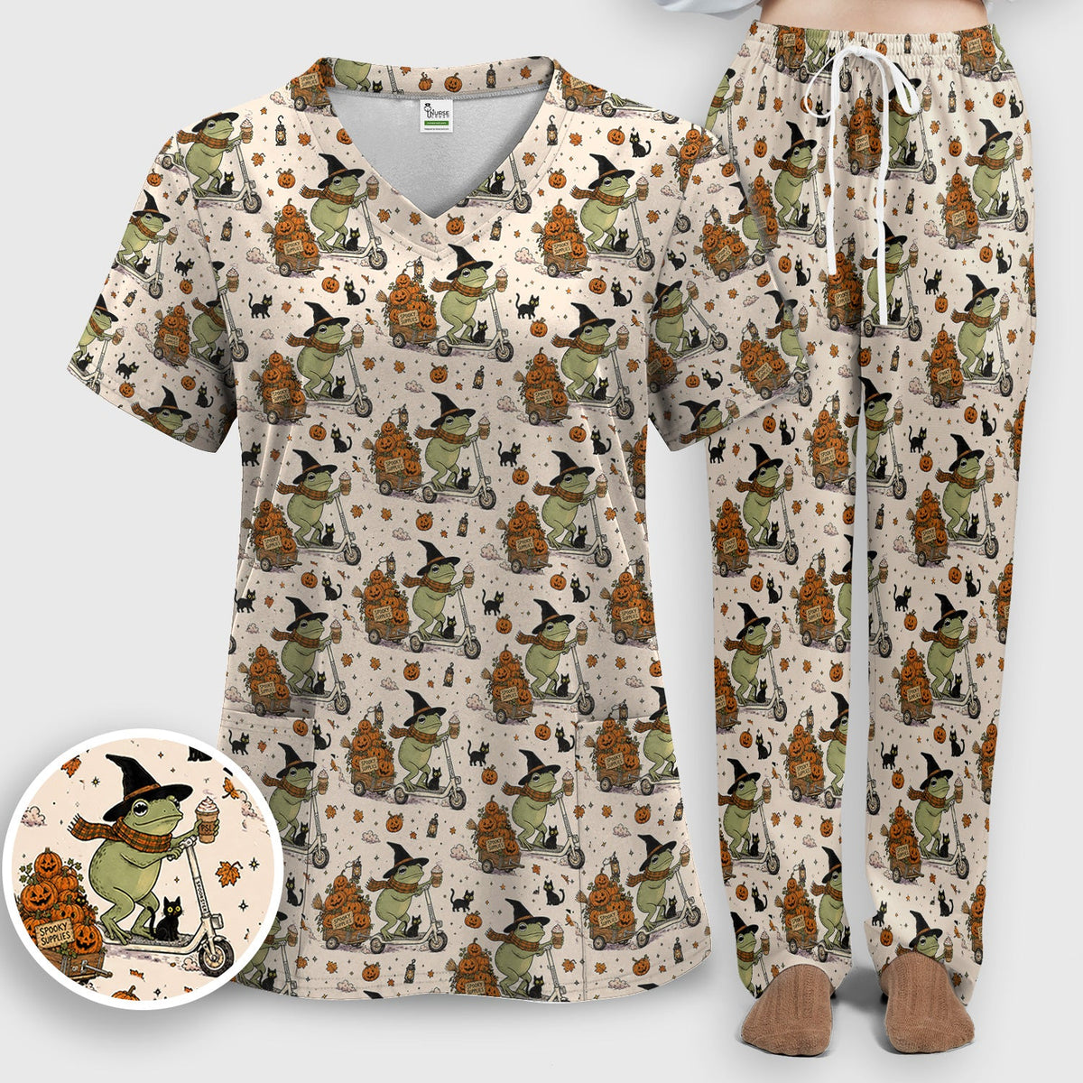 Halloween Witch Frog Pumpkins Nurse Scrub Set