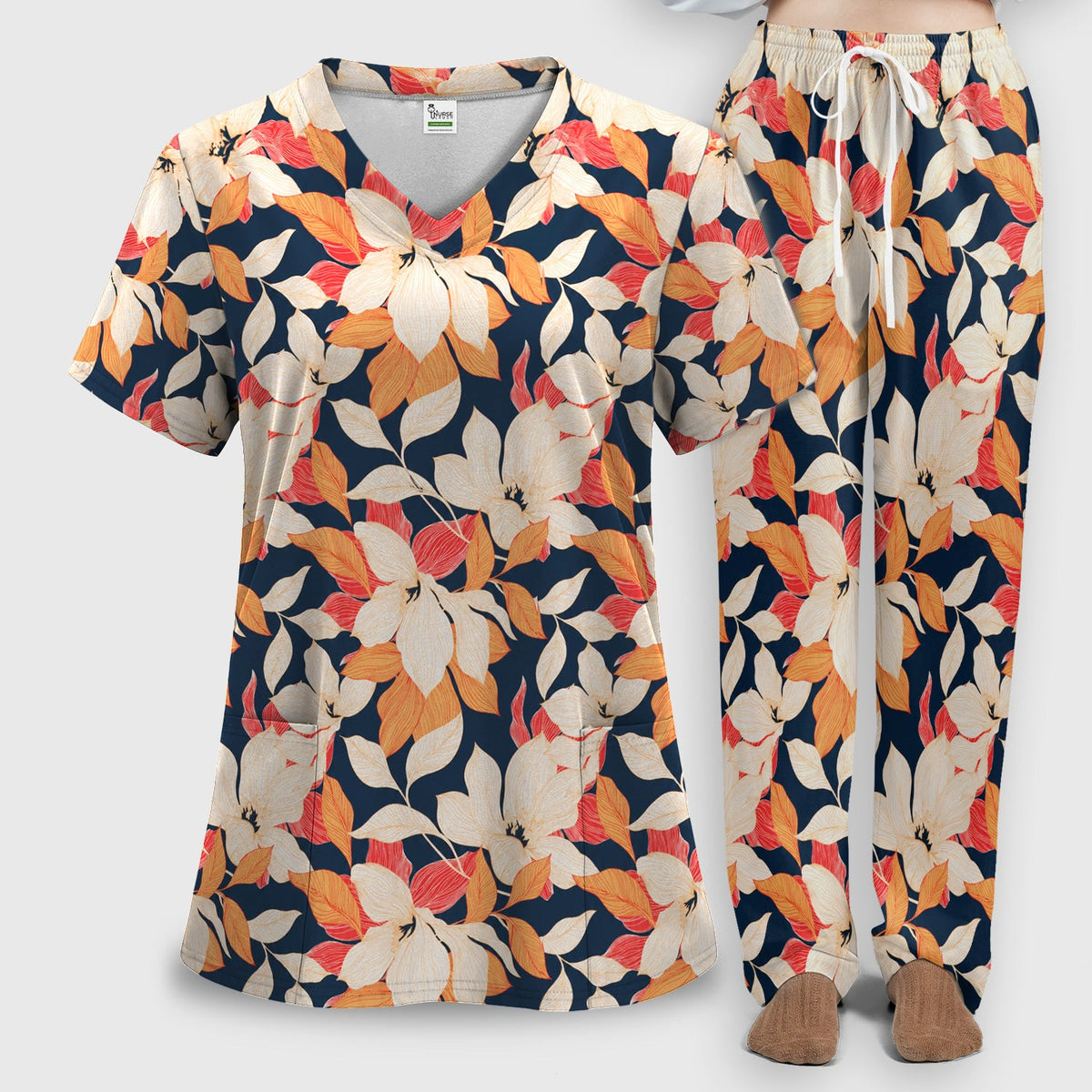 Elegant Ivory Lily Leaves Nurse Scrub Set