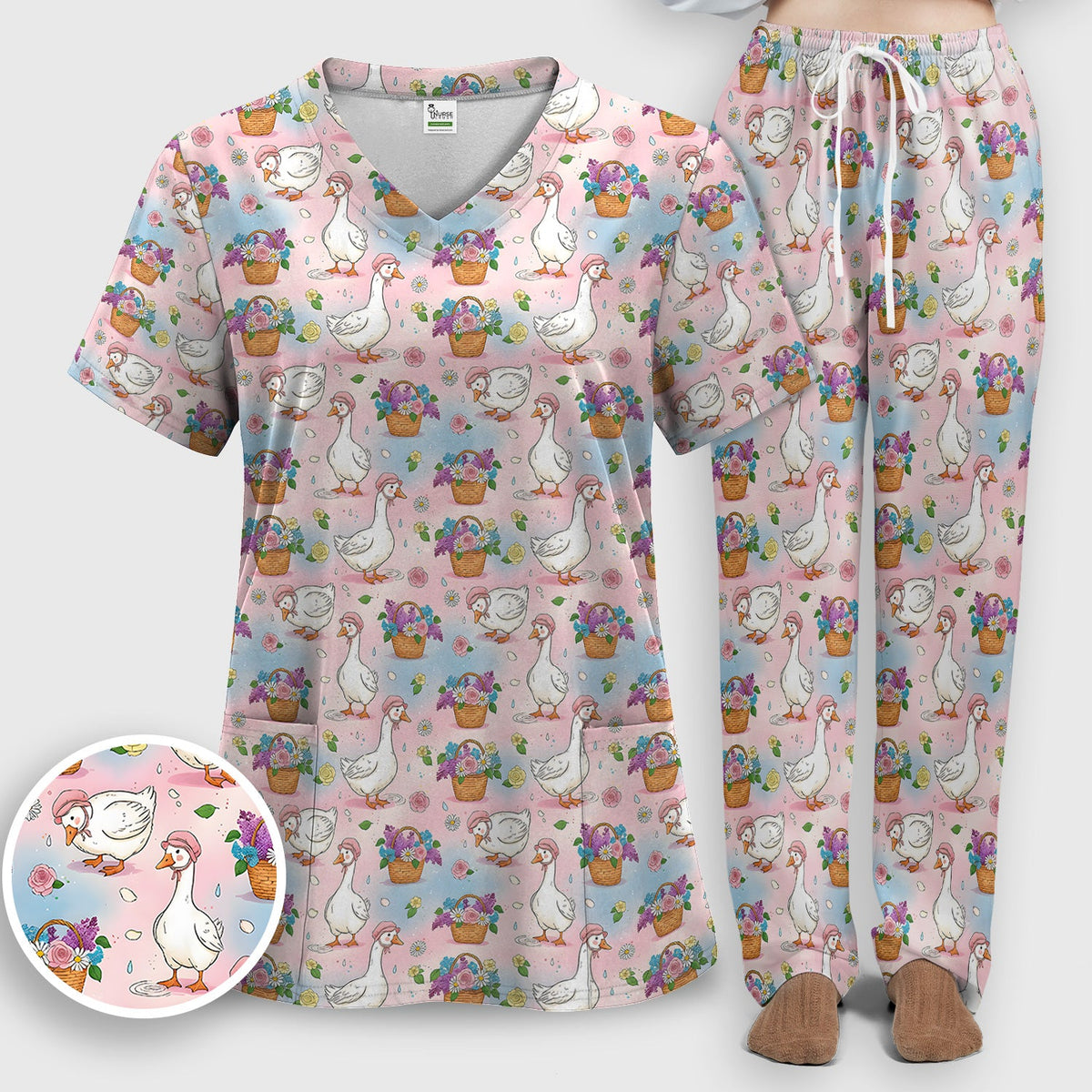 Spring Goose Flower Basket Nurse Scrub Set