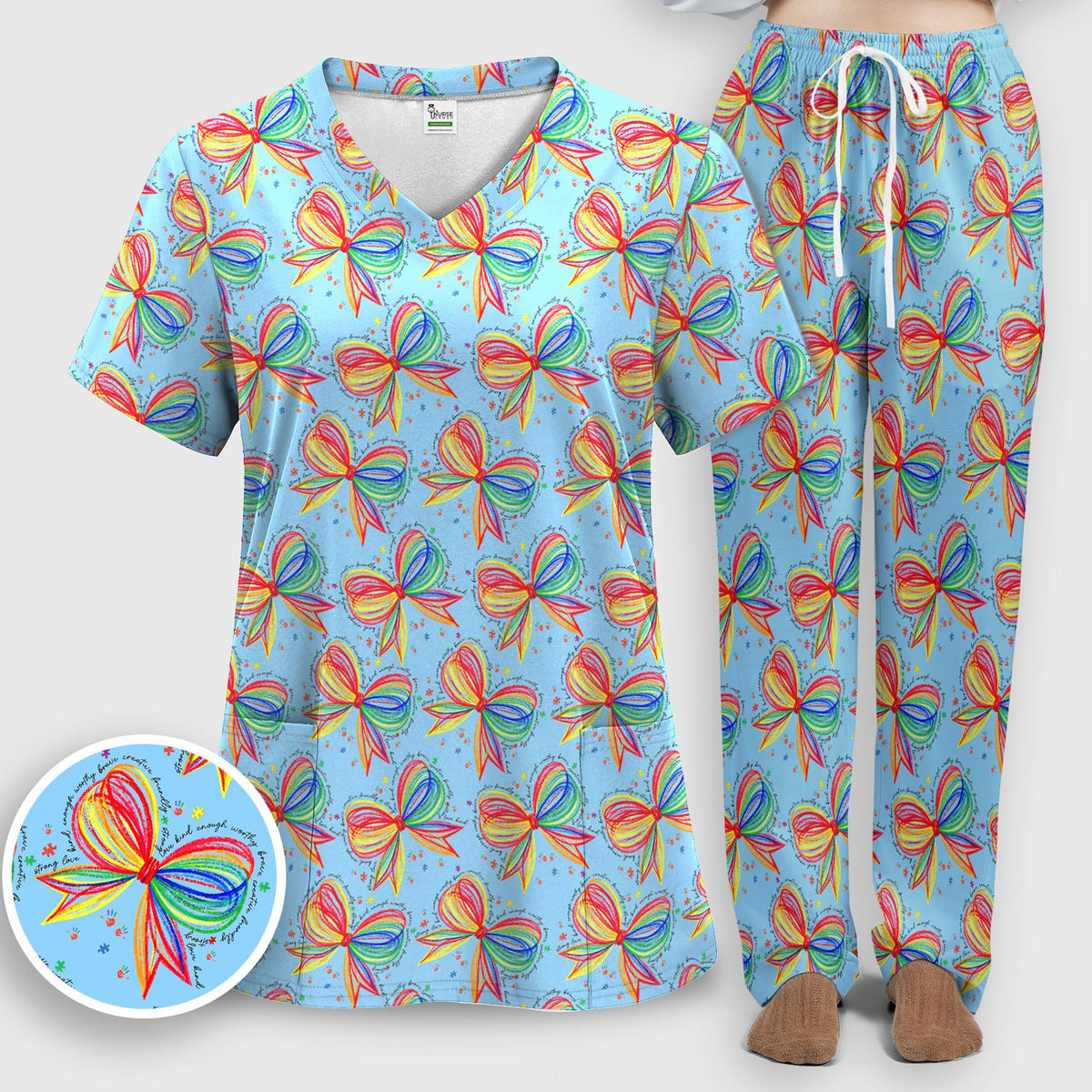Colorful Rainbow Bow Nurse Scrub Set