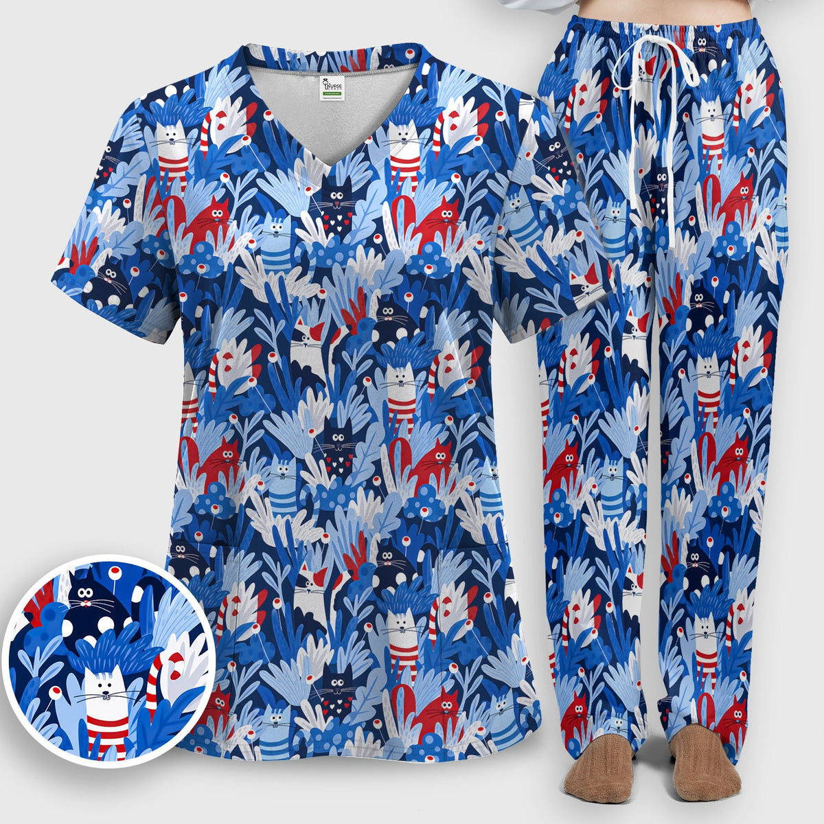 Cats Among Blue Foliage Nurse Scrub Set