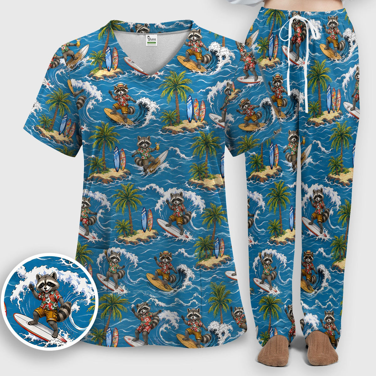 Tropical Surfing Raccoon Island Nurse Scrub Set