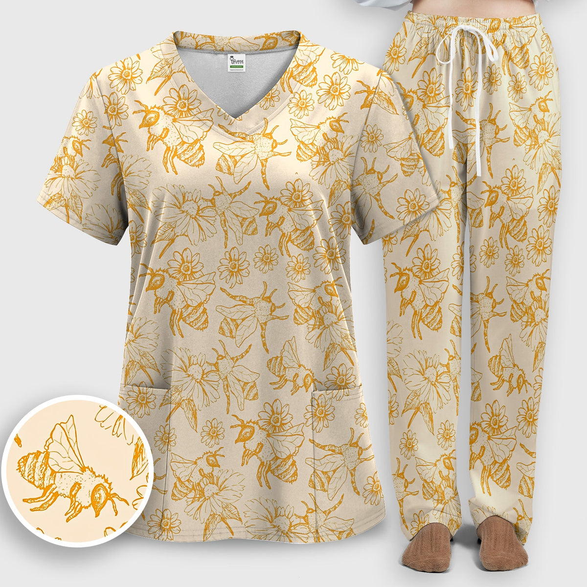 Honey Bee Flower Sketch Nurse Scrub Set