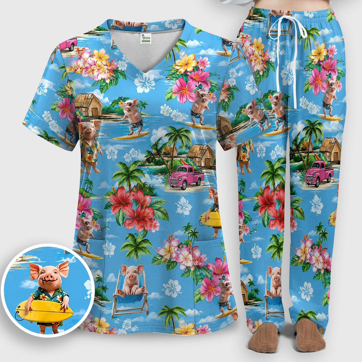 Tropical Surfing Pig Beach Nurse Scrub Set