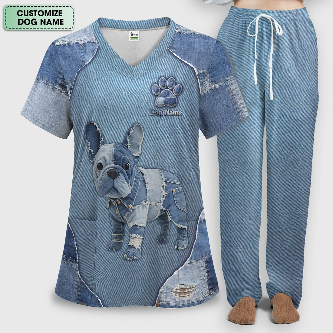 Personalized Denim French Bulldog Nurse Scrub Set