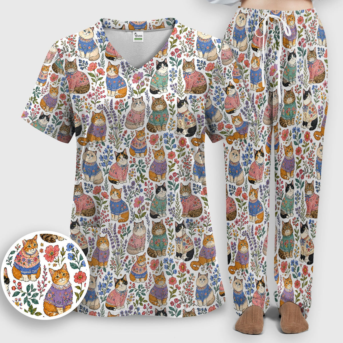 Floral Cat Nurse Scrub Set