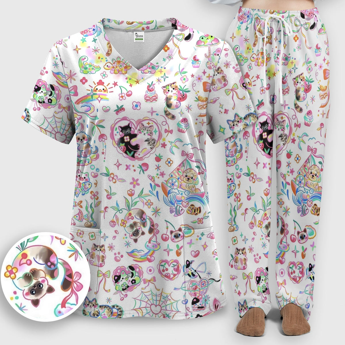 Kawaii Animal Rainbow Heart Nurse Scrub Set