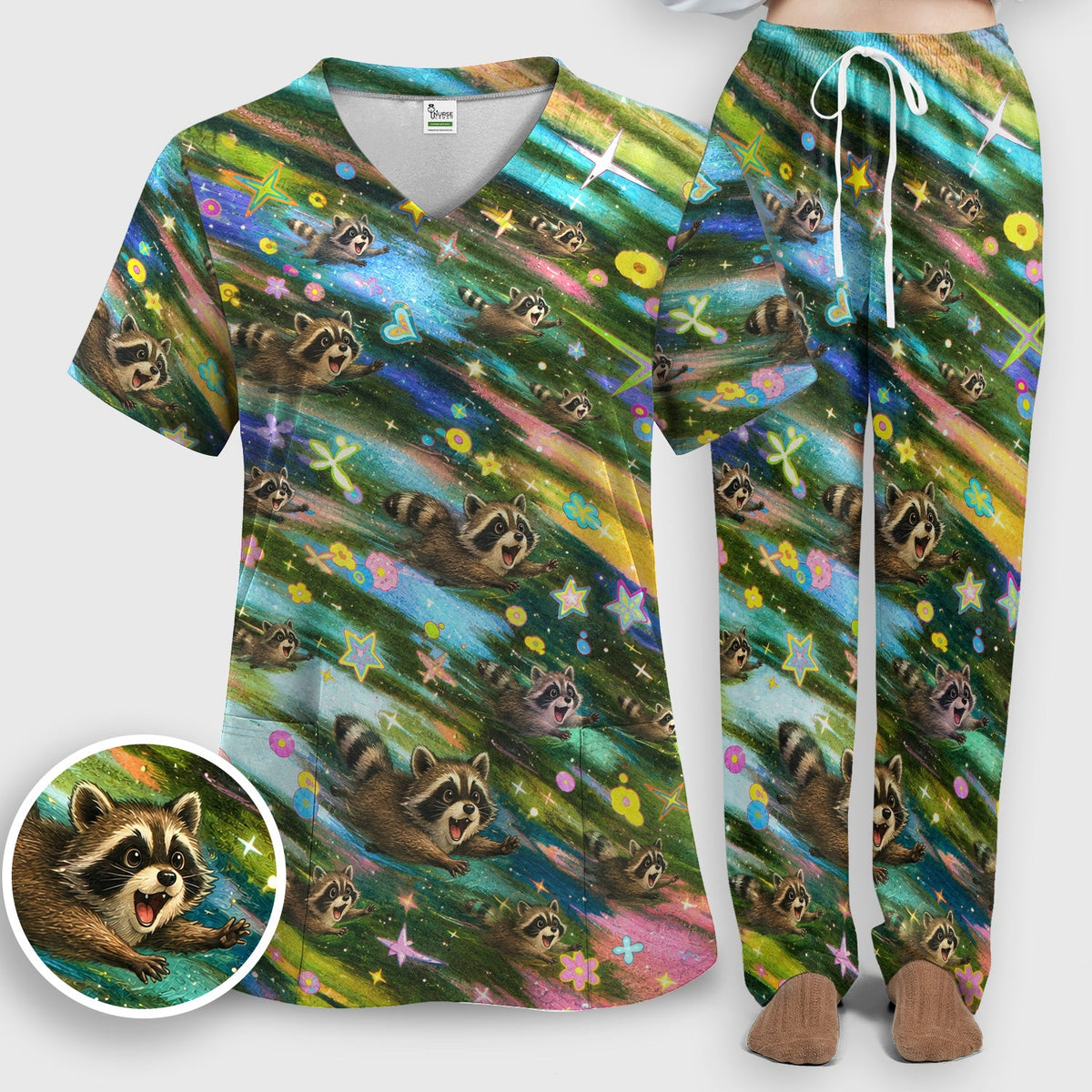 Raccoon Rainbow Dash Nurse Scrub Set
