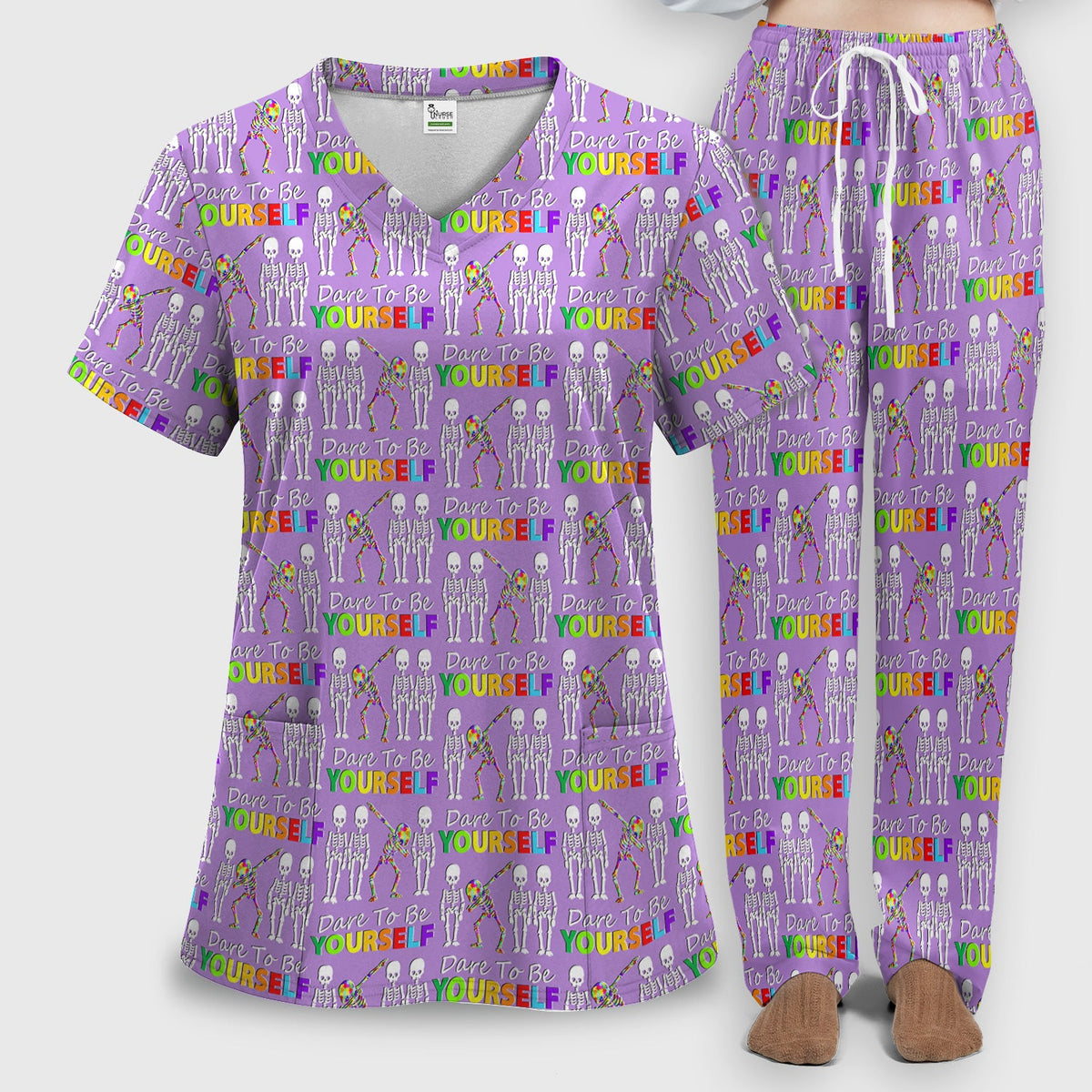 Rainbow Skeleton Dare To Be Yourself Nurse Scrub Set