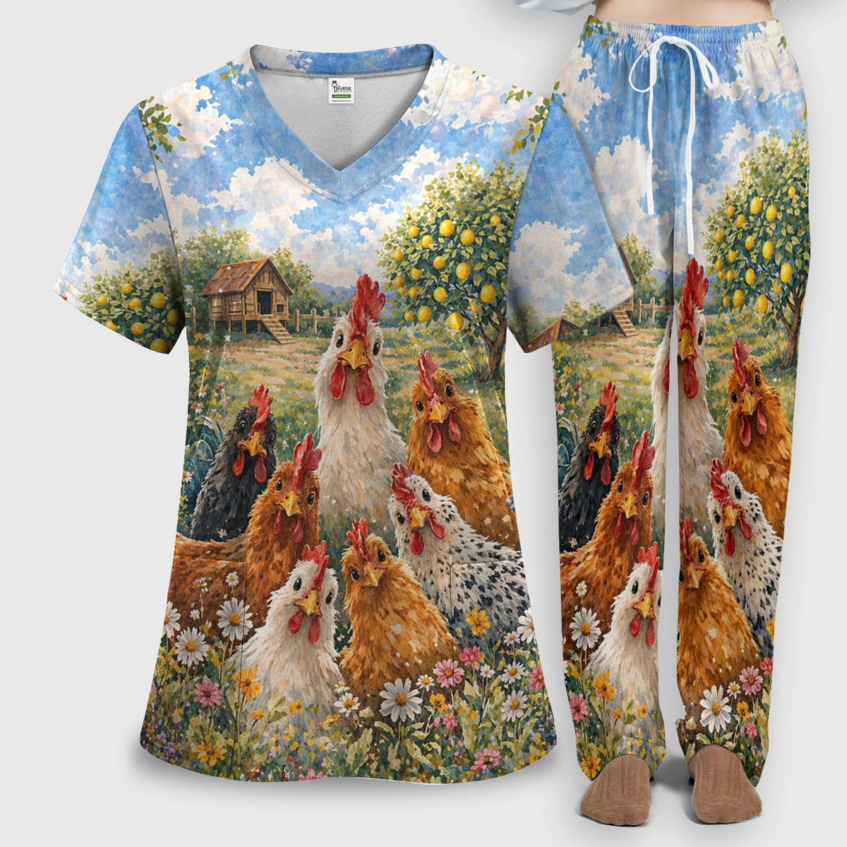 Rustic Chicken Farm Garden Nurse Scrub Set