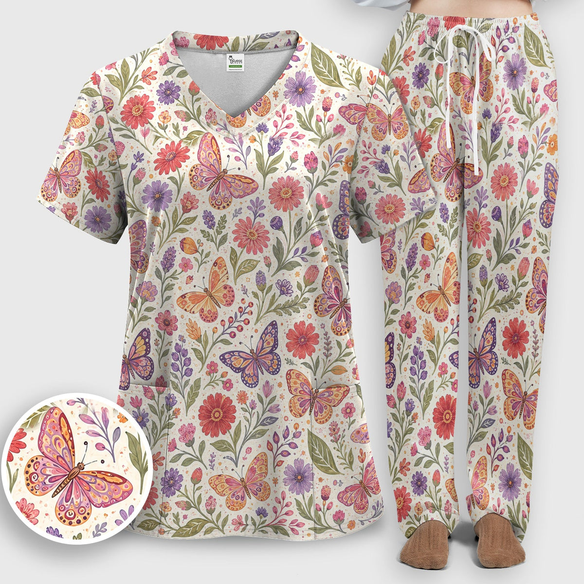 Floral Butterfly Pediatric Nurse Scrub Set