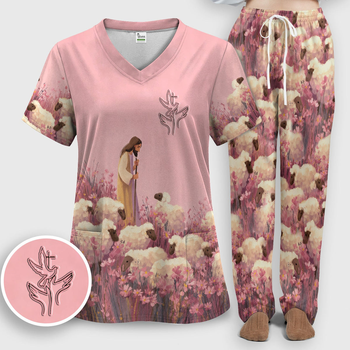 Christian Shepherd With Lambs Nurse Scrub Set