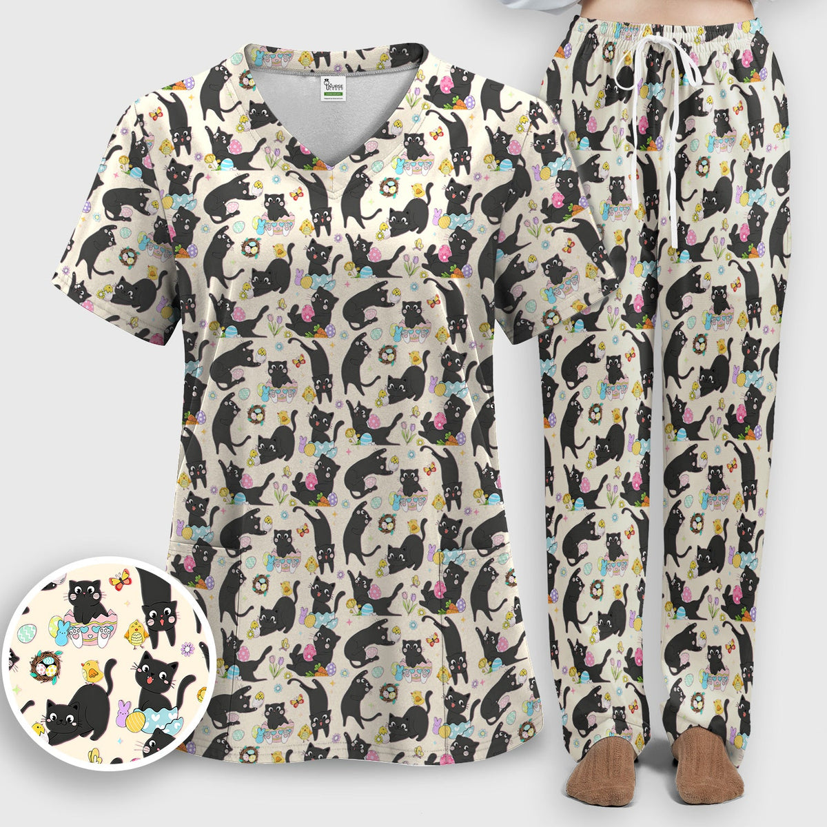 Black Cat Easter Egg Nurse Scrub Set